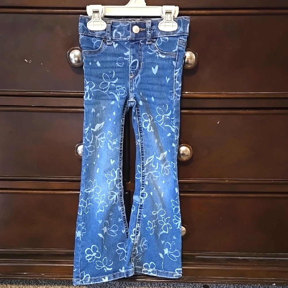 Girls 4/5 Flare Floral Patterned Blue Jeans
